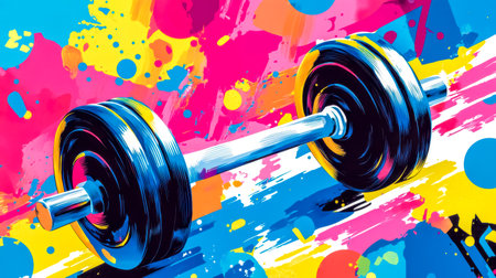 Weightlifting barbell on colorful abstract background representing fitness event invitationの素材