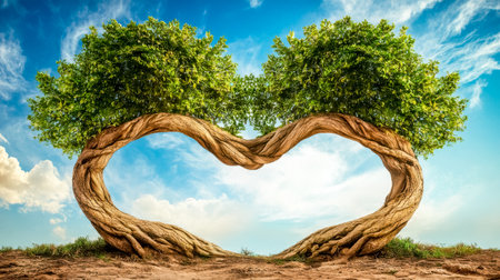 Two trees intertwined forming heart shape against blue skyの素材