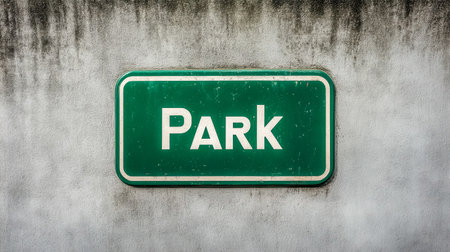 Green park sign hanging on a grungy concrete wallの素材