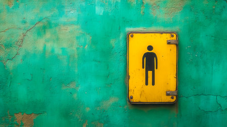 Yellow male toilet sign on grunge aquamarine wallの素材