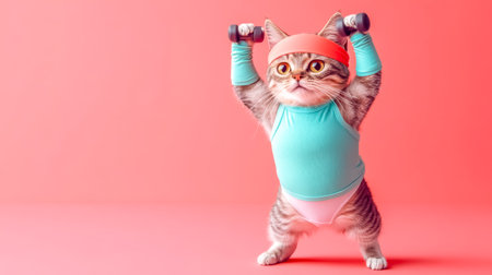 Determined cat lifting weights showcasing fitness and healthの素材