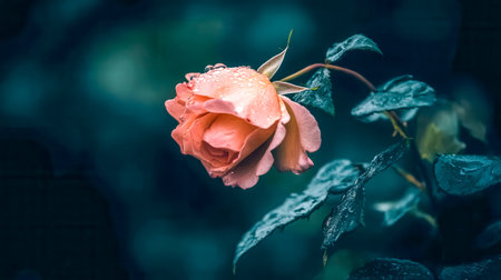 Pink rose hanging from stem with water droplets on dark backgroundの素材