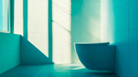 Modern minimalist bathroom with closed toilet lid and window lightの素材