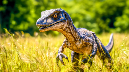 Velociraptor dinosaur crouching in tall grass ready to strikeの素材