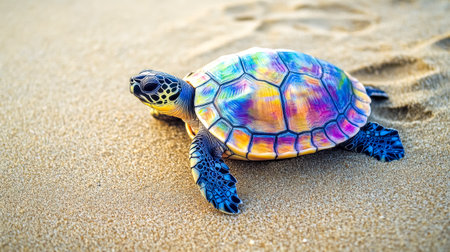 Small turtle walking on sand with colorful shellの素材