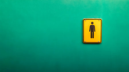 Yellow male restroom sign on teal wall indicating genderの素材