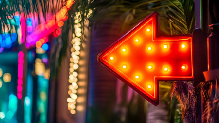 Illuminated red arrow sign pointing left in vibrant city nightscapeの素材