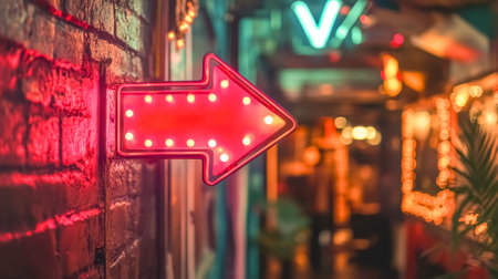 Red neon arrow sign illuminating brick wall in blurred festive backgroundの素材