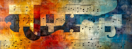Musical notes puzzle pieces forming a colorful abstract compositionの素材