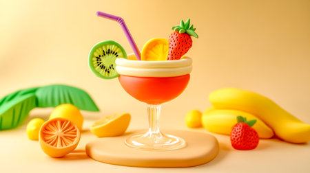 Plasticine fruit cocktail with kiwi, strawberry and orange slices on yellow backgroundの素材