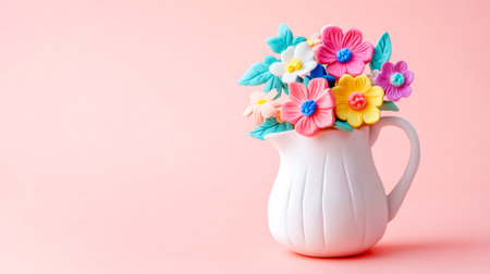 Colorful clay flowers in white pitcher on pink backgroundの素材