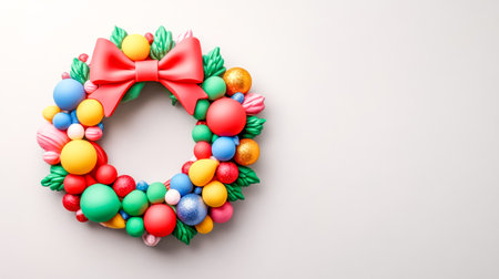 Colorful clay christmas wreath with red bow on white backgroundの素材