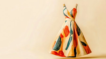 Sleeveless dress floating with abstract hand painted patterns on beige backgroundの素材