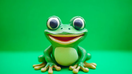 Smiling green clay frog sitting on a green backgroundの素材