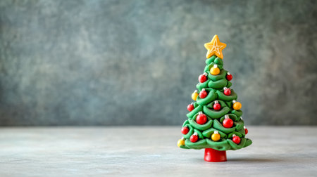 Small clay christmas tree with colorful ornaments on gray backgroundの素材