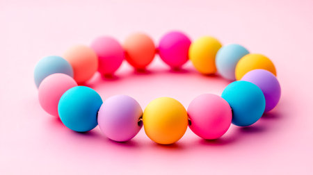 Colorful beads bracelet resting on pink backgroundの素材