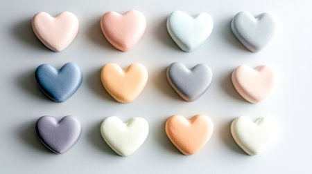 Pastel colored clay hearts arranged on white background representing love and affectionの素材