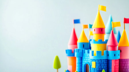 Colorful clay castle with flags waving in the wind stands on light blue backgroundの素材