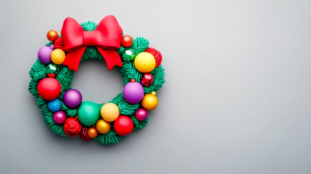 Christmas wreath made of clay decorating a gray wallの素材