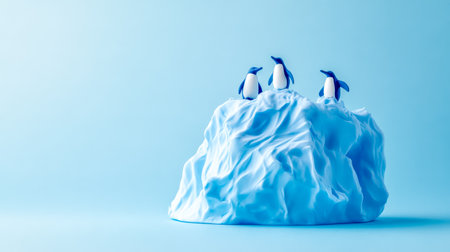 Penguins standing on melting iceberg in a blue studio settingの素材