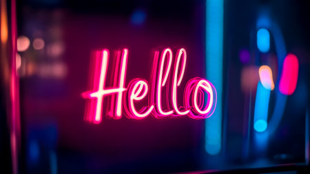 Neon sign saying hello with blurred colorful lights in backgroundの素材