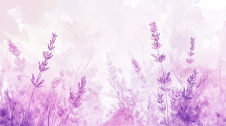 Watercolor painting of lavender flowers creating a serene purple landscapeの素材
