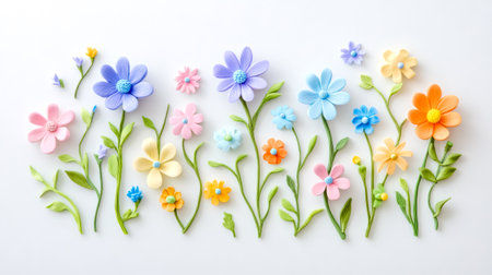 Colorful plasticine flowers arranged on white backgroundの素材