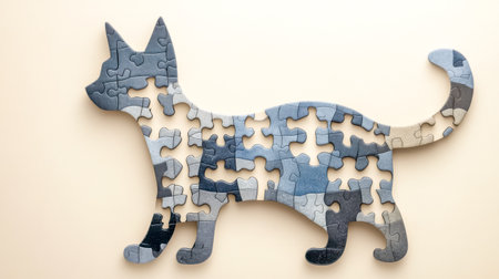 Cat shape puzzle forming a whole on beige backgroundの素材