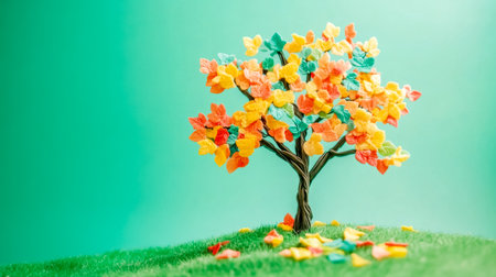 Colorful clay tree showing changing seasons on turquoise backgroundの素材