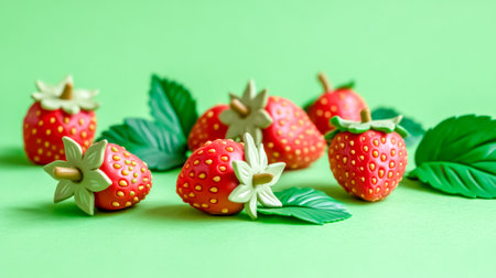Modeling clay strawberries and leaves on green backgroundの素材