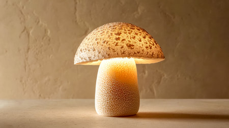 Mushroom shaped lamp made of mycelium illuminating a roomの素材