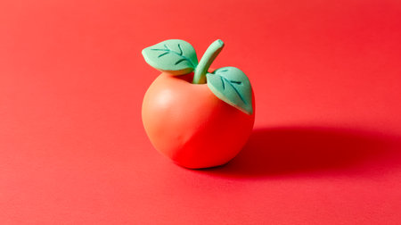 Plasticine apple sitting on red backgroundの素材