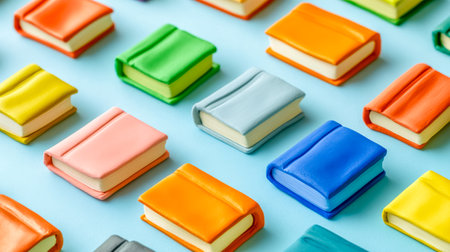 Colorful miniature clay books arranged on blue backgroundの素材