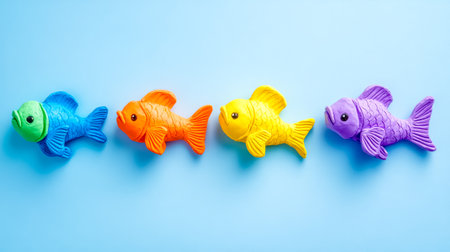 Four colorful clay fish swimming in unison on blue backgroundの素材