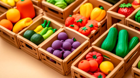 Colorful clay fruits and vegetables displayed in wooden cratesの素材