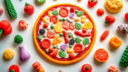 Colorful plasticine pizza and ingredients on white backgroundの素材