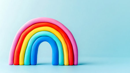 Colorful plasticine rainbow representing hope and positivity on blue backgroundの素材