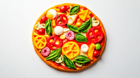 Colorful clay pizza with various ingredients on white backgroundの素材