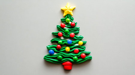 Colorful clay christmas tree with small ornaments and yellow star on topの素材