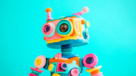 Playful plasticine robot with bright colorful details posing on turquoise backgroundの素材