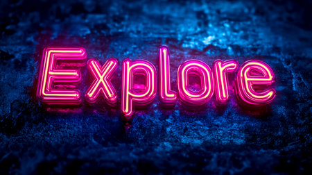 Vibrant pink neon sign spelling explore on textured blue backgroundの素材