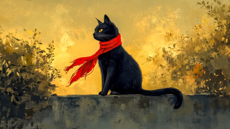 Black cat wearing red scarf sitting on a wall at sunsetの素材
