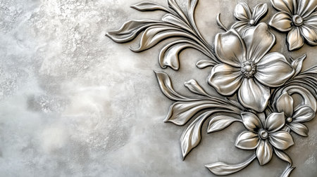 Silver floral embossed pattern on metallic background wallpaperの素材