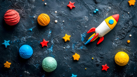 Colorful clay rocket exploring planets and stars in a dark universeの素材