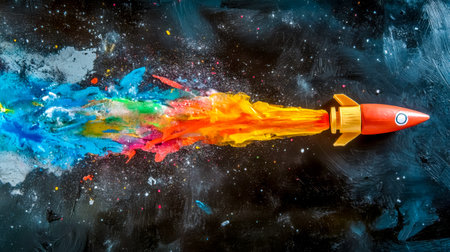 Colorful clay rocket launching into the starry skyの素材