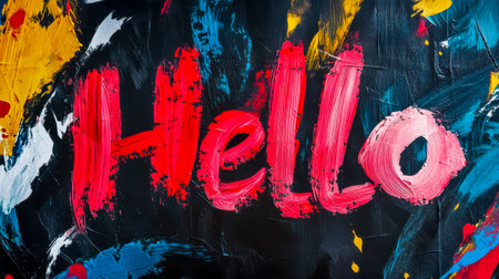 Hello sign painted with bold colors on black backgroundの素材