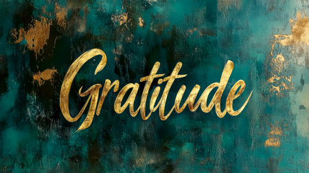 Gratitude sign in elegant gold calligraphy on teal backgroundの素材