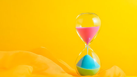 Vibrant hourglass measuring time on yellow backgroundの素材