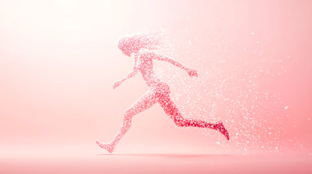 Pixelated female athlete running and dissolving into particles on pink backgroundの素材