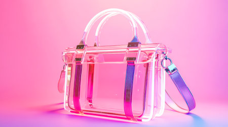 Transparent handbag shining on pink background with futuristic metal detailsの素材